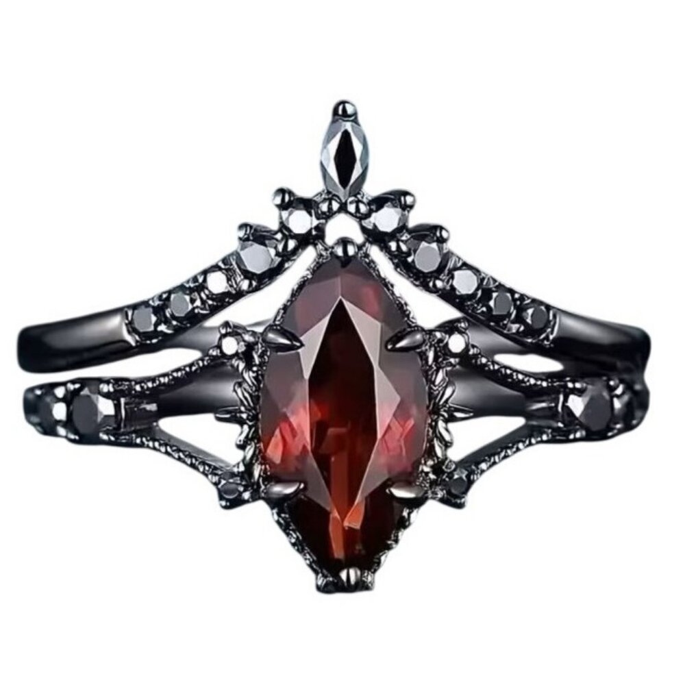 2 piece Marquise Cut Ruby and Moissanite Engagement Wedding Ring Set in Rhodium